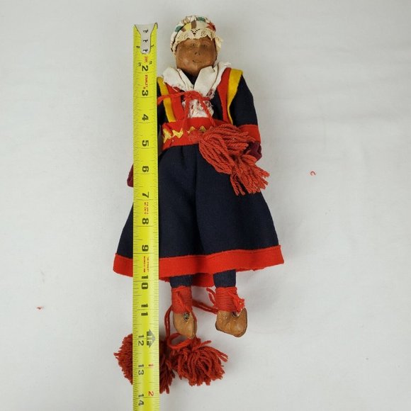 Vintage Handmade Composition 12" Doll Ethnic Woman Blue Red Dress Bonnet Cloth - Picture 2 of 10